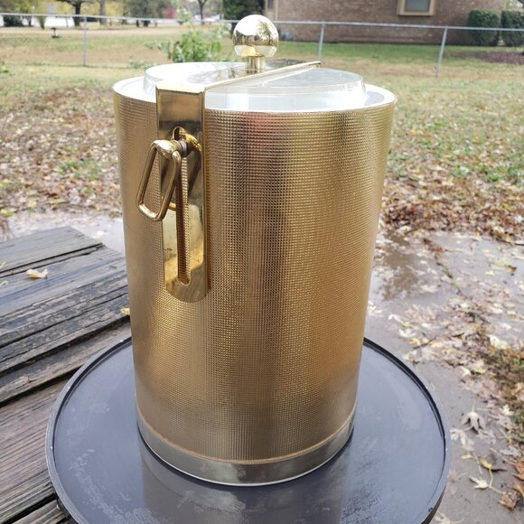 MCM Vintage George Briard Gold 11" Champagne Ice Bucket Metal Handle Lucite Lid - Picture 3 of 16